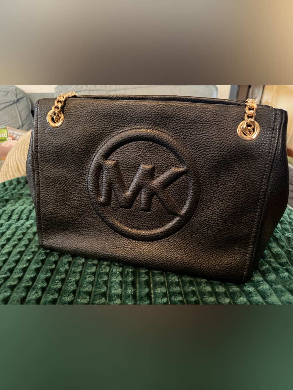 Michael Kors Black Pebbled Leather Logo Chain Purse